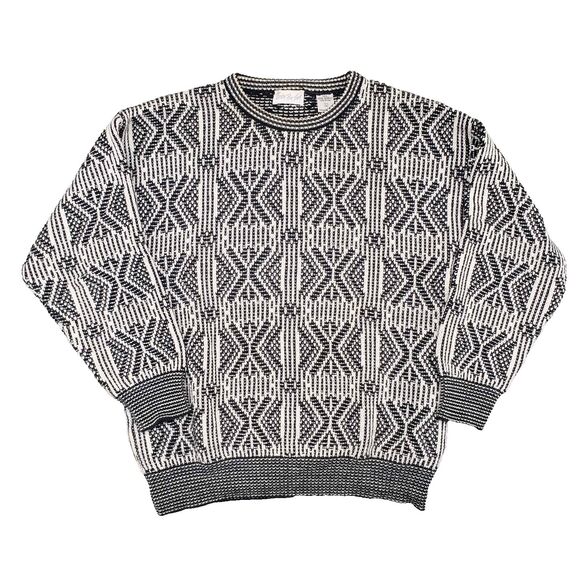 Vintage Carson Pirie Scott Geometric Sweater Mens Large White Black Italy Made
